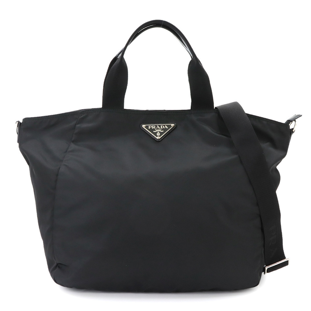 Prada PRADA 2-way Tote Shoulder Handbag Nylon Leather Nero BR4051 Silver Hard...